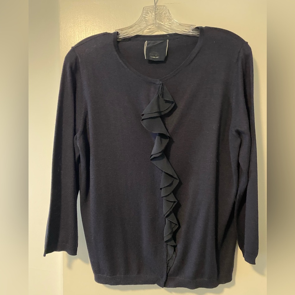 St. Emile navy cotton cashmere snap front ruffle cardigan size 12